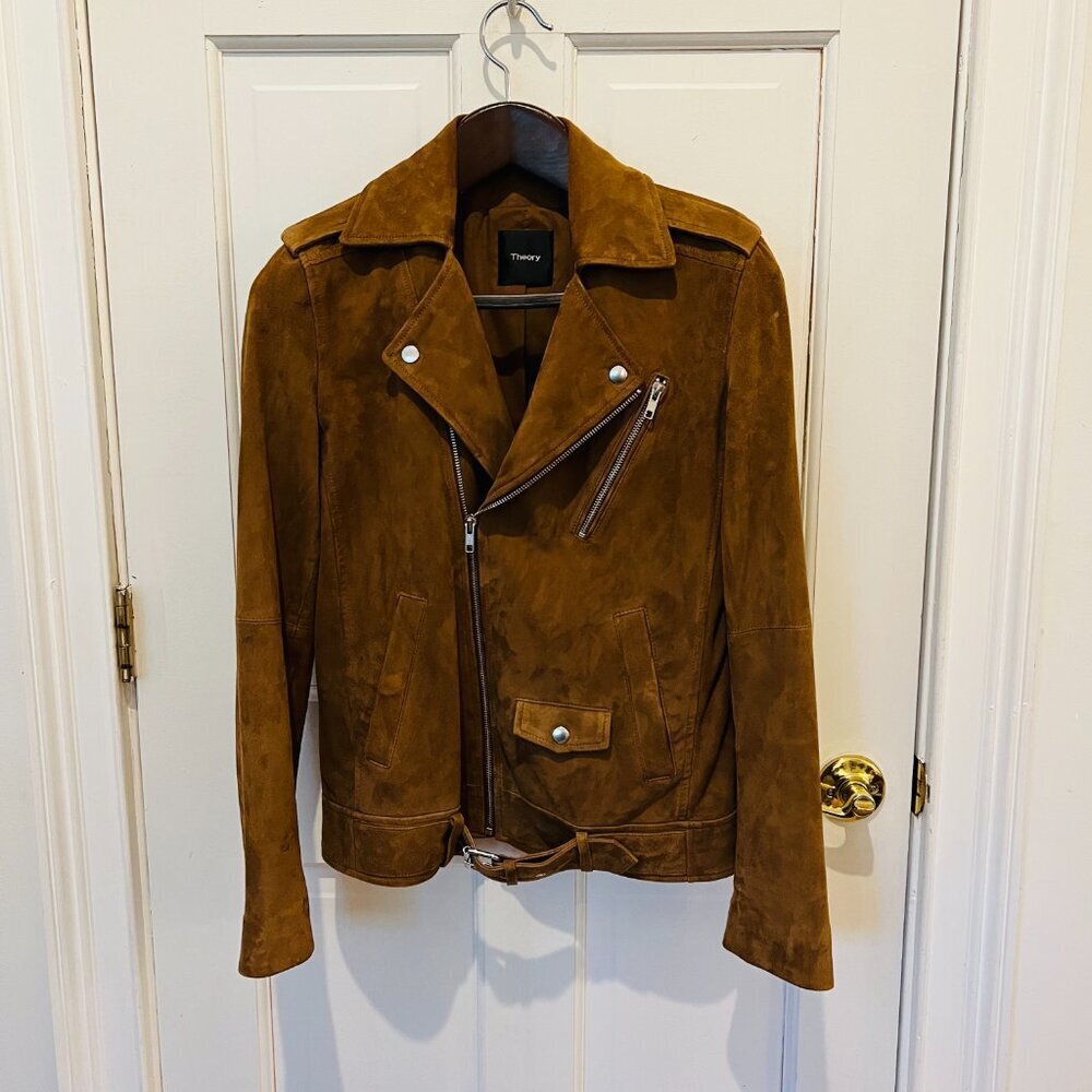Theory Suede Goat Leather Womens Cognac Brown Tan Bike Jacket Coat Size Small - Picture 10 of 16